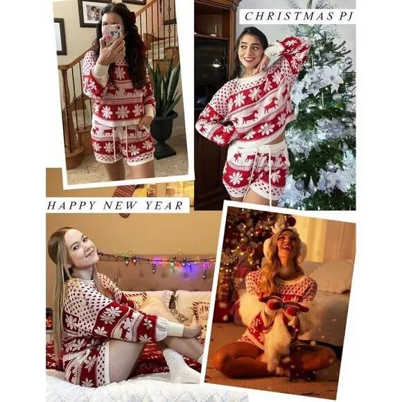 Women Red Rayon Long Sleeve Christmas Sweatsuit 2 Piece Outfits